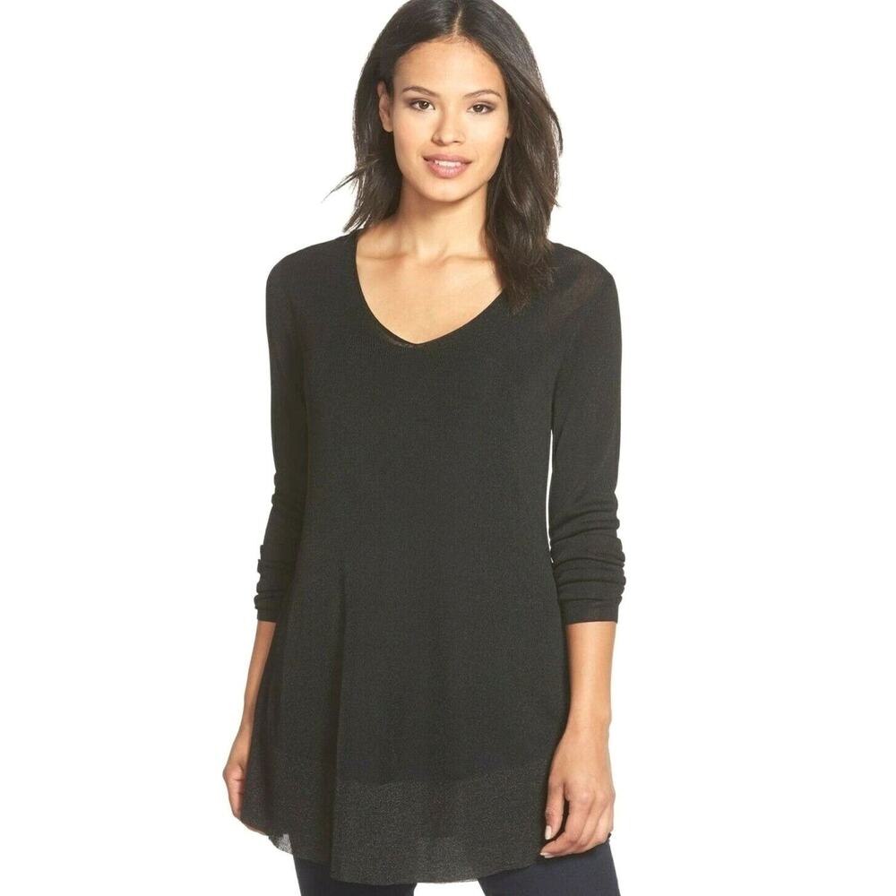 Eileen Fisher Tunic Top Black Rayon Nylon Shimmer Semi Sheer Breathable XS